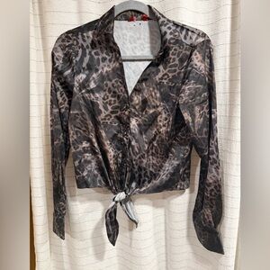 Guess Black and Brown Animal Print Tie-Front Blouse